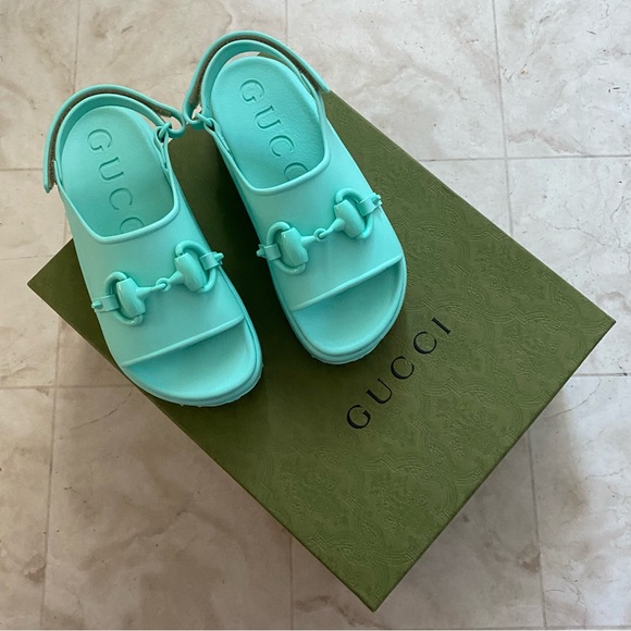 $750 New in Box Gucci Made in Italy Green Horsebit Rubber Platform Sandals sz 6 - Picture 4 of 15